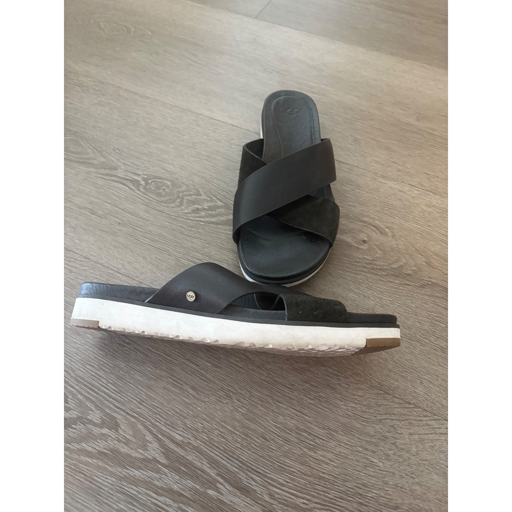 UGG Kari Black‎ Leather Suede Crisscross Slide Sandals 1090383  7.5